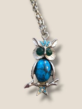Silver Owl Pendant Necklace with Blue Turquoise Stone